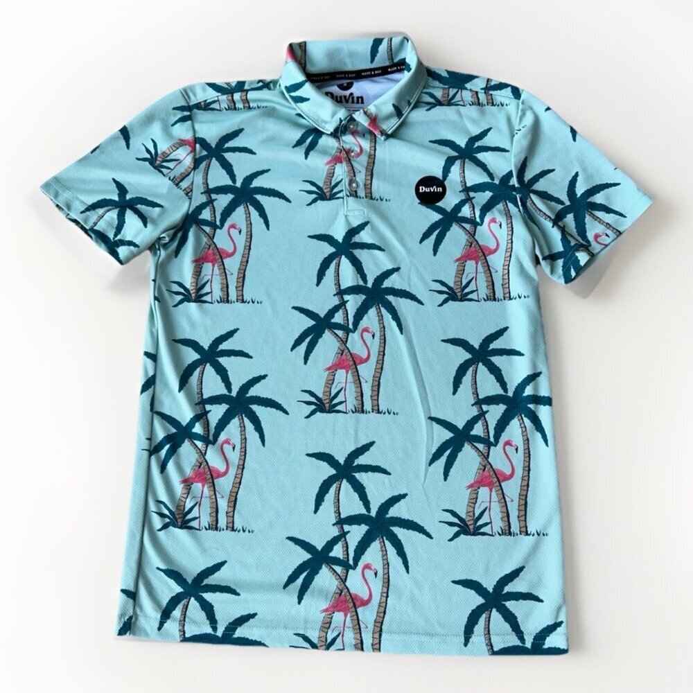 Duvin Polo Shirt Mens Small Green Pink Flamingo Tropical Print Performance Golf